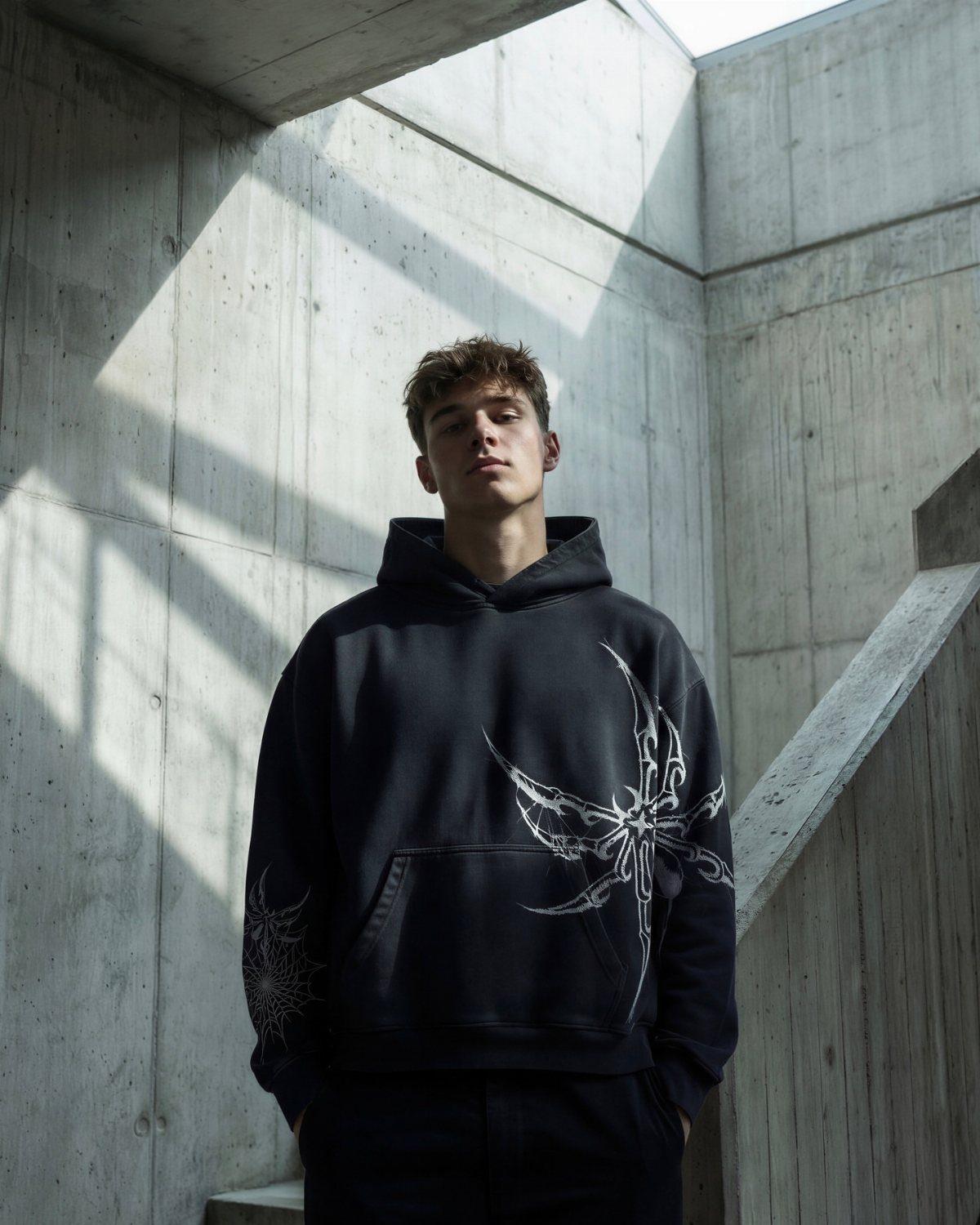 Young man wearing a black hoodie with white tribal graphic designs standing against a concrete wall.