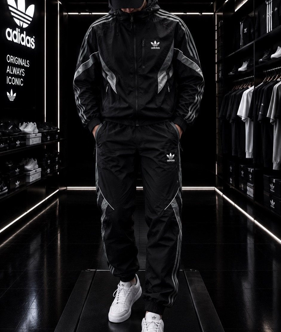 Man wearing a black Adidas tracksuit with silver accents and white sneakers in a store.