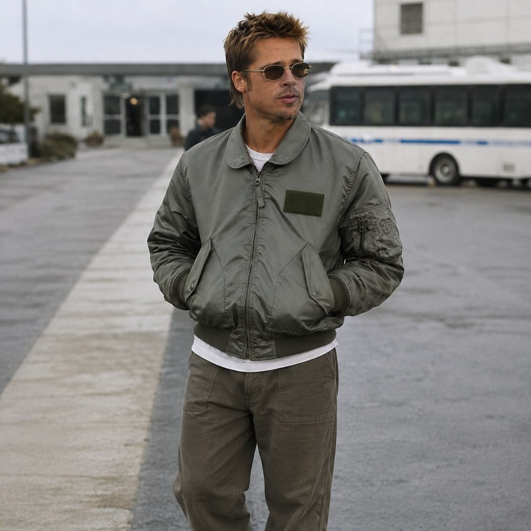 Man in olive bomber jacket and sunglasses standing on a paved outdoor area near a bus.