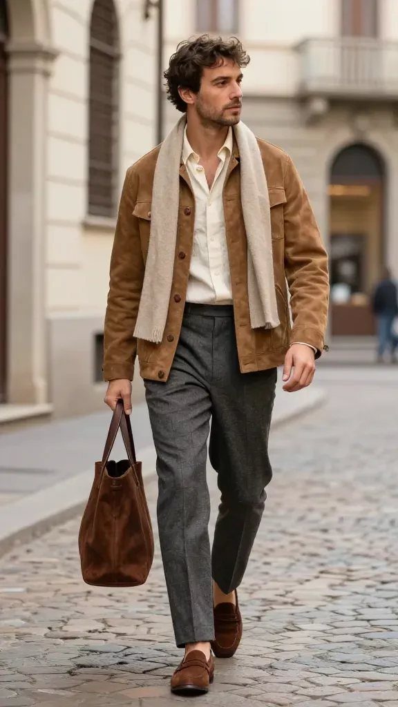 Man in suede jacket and grey trousers walking through a European city street.