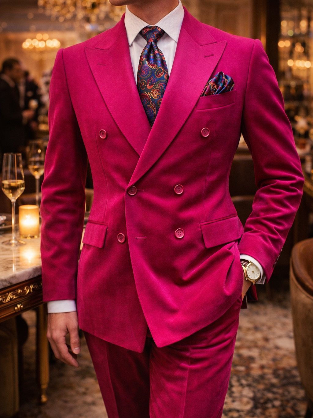 A man wearing a bright pink double-breasted velvet suit and a patterned silk tie.