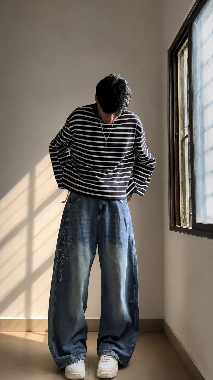 Man wearing a striped oversized shirt and baggy blue denim jeans standing in a room.
