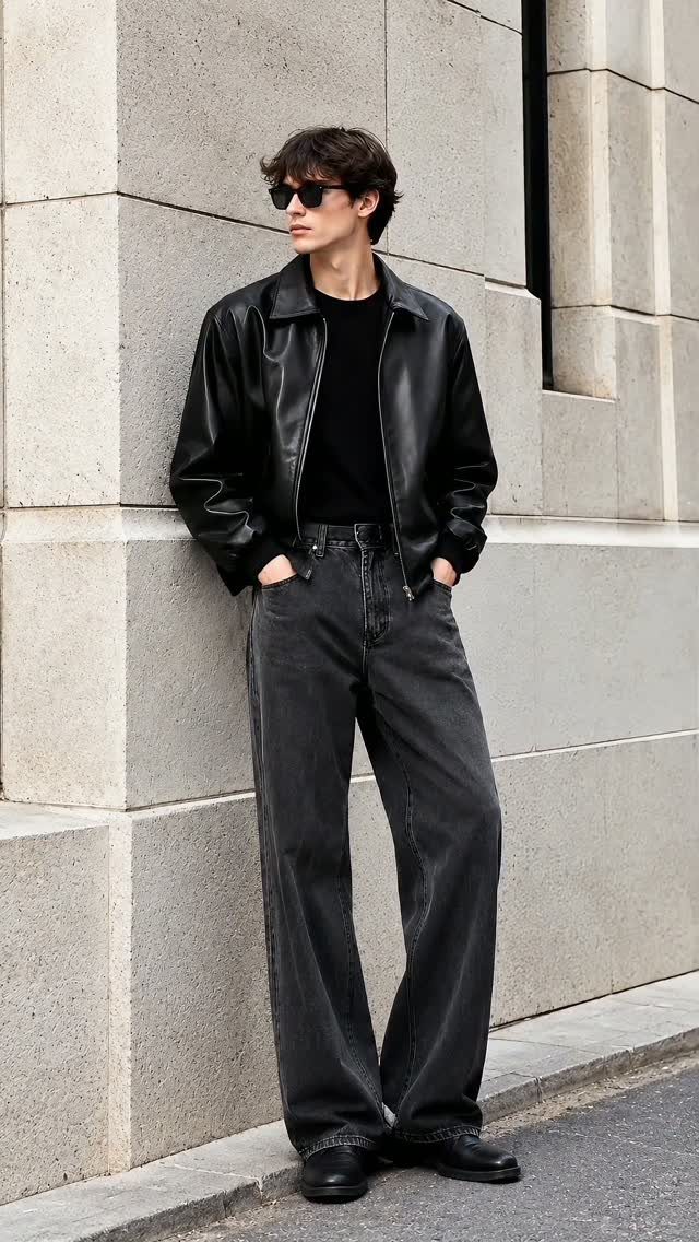 Man in black leather jacket, black t-shirt, and baggy black jeans leaning against a stone wall.