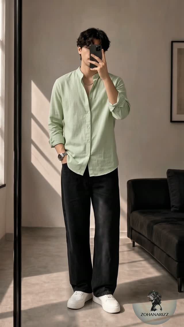 Man in a light green button-down shirt and black wide-leg trousers standing in a room.