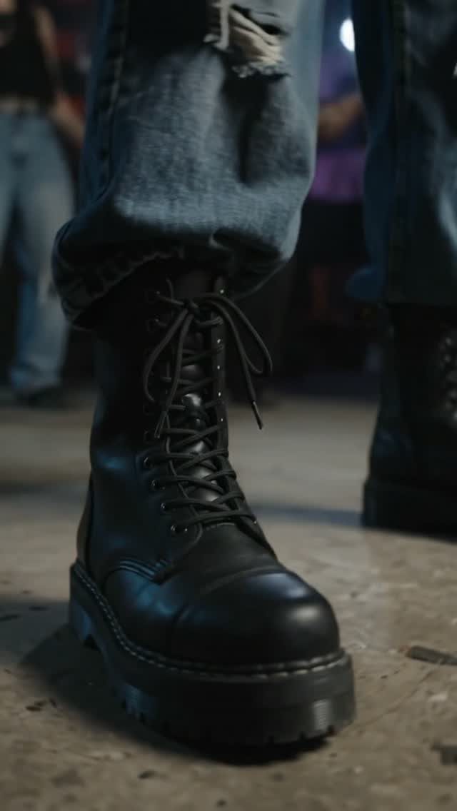 Black lace-up combat boots worn with distressed blue denim jeans on a concrete floor.