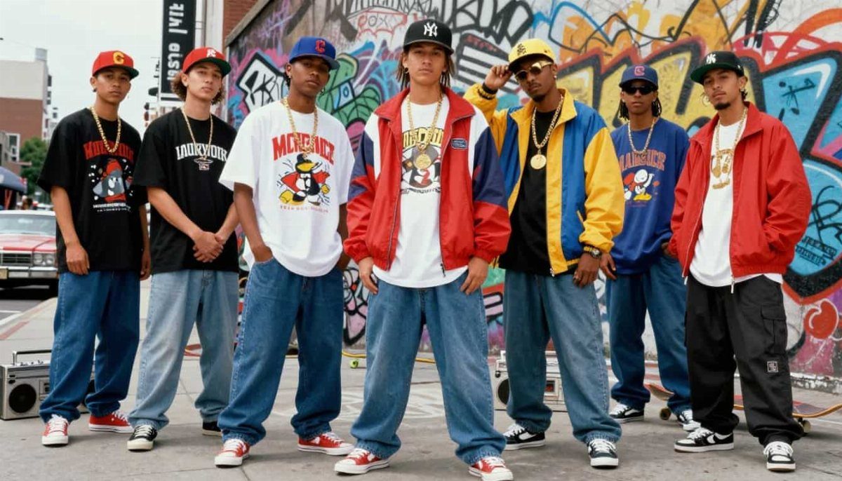 Seven men posing in baggy jeans and oversized graphic tees against a graffiti wall.
