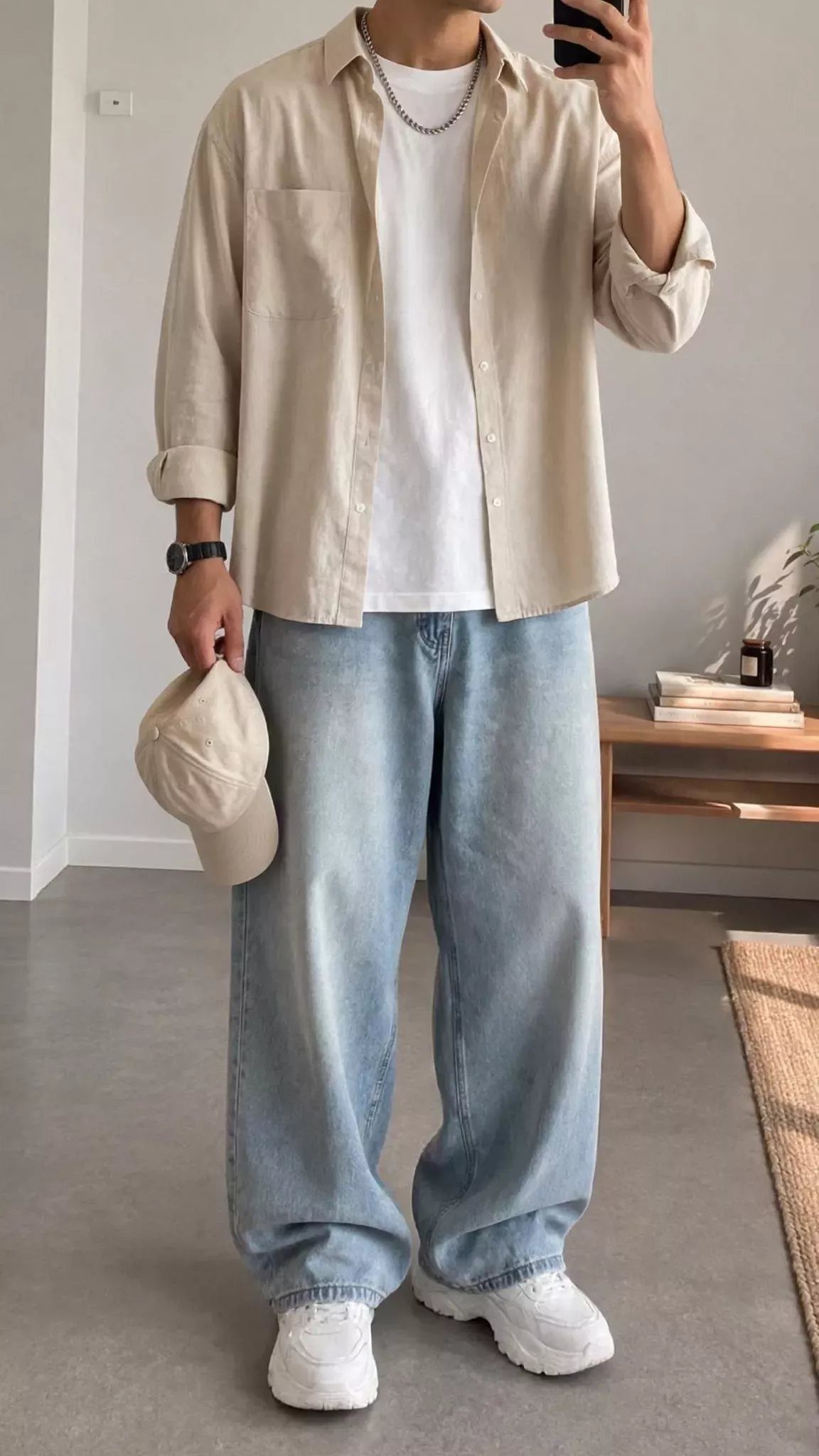 Man wearing an unbuttoned beige linen shirt, white t-shirt, and light blue baggy jeans.