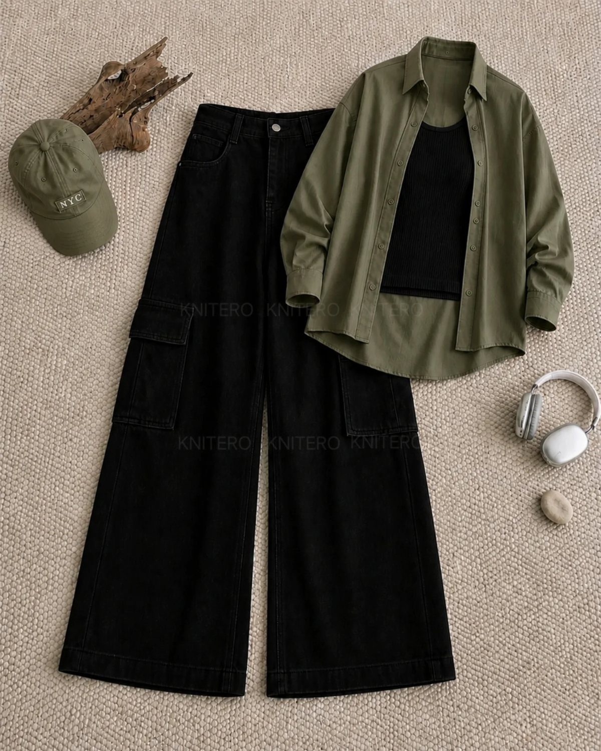 Black wide-leg cargo pants paired with an olive green button-down shirt and black tank top.