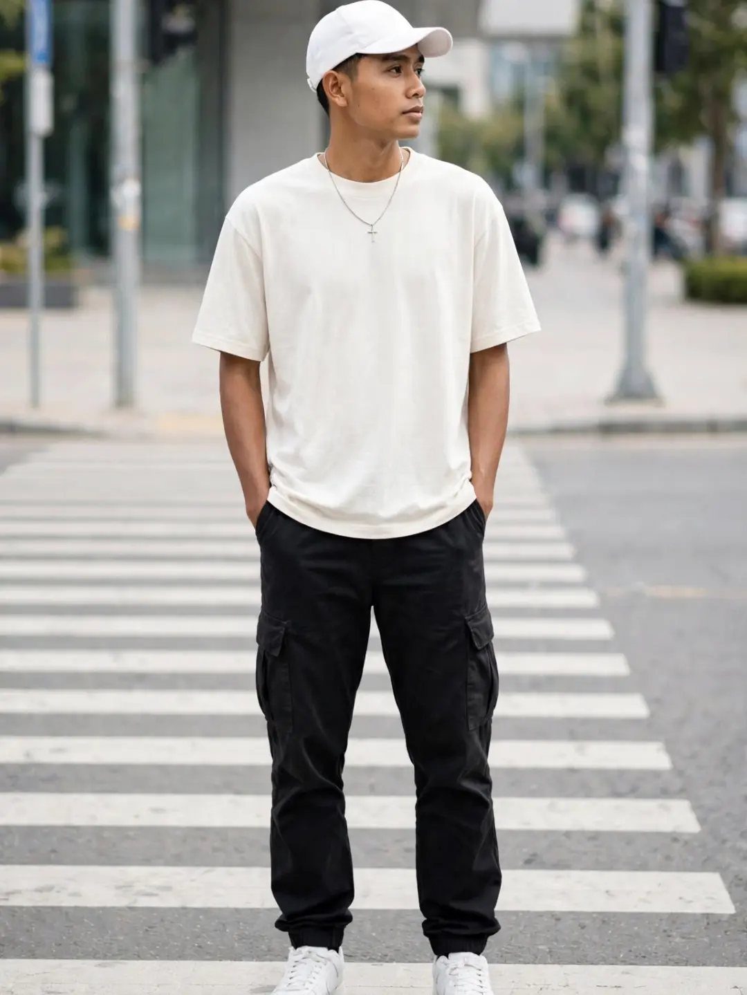 Man in white t-shirt and black cargo pants standing on a city crosswalk.