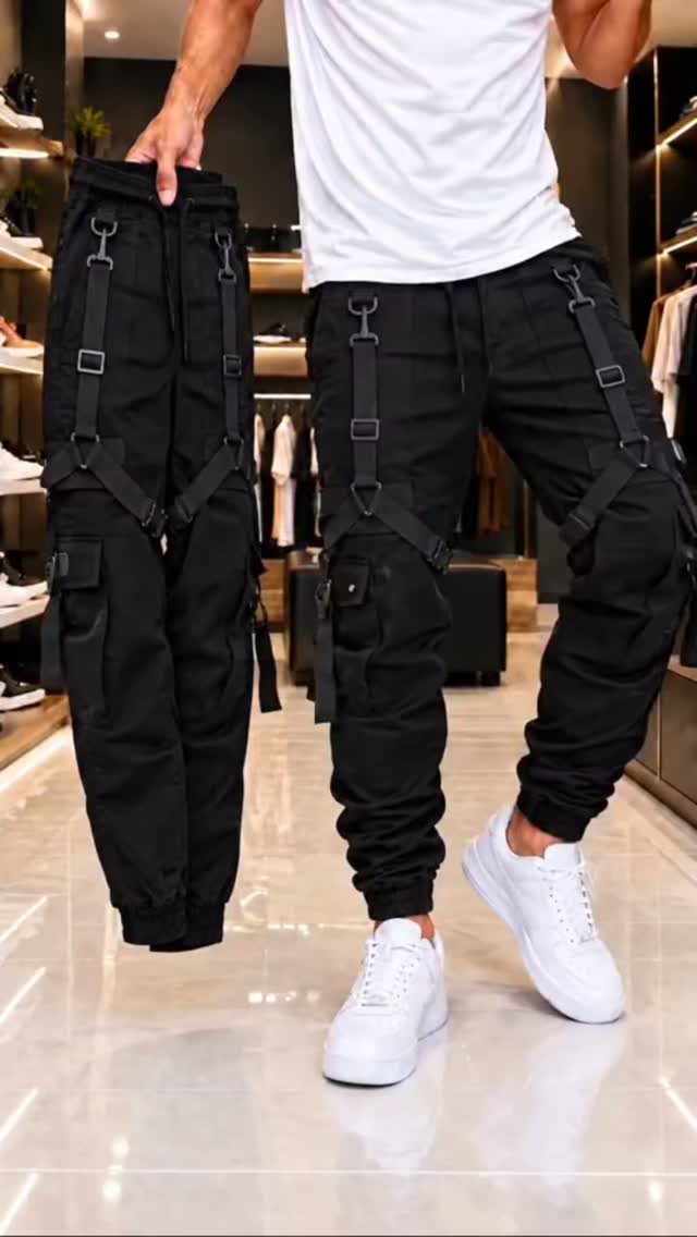 Man wearing black cargo pants with straps and buckles, holding up a matching pair.