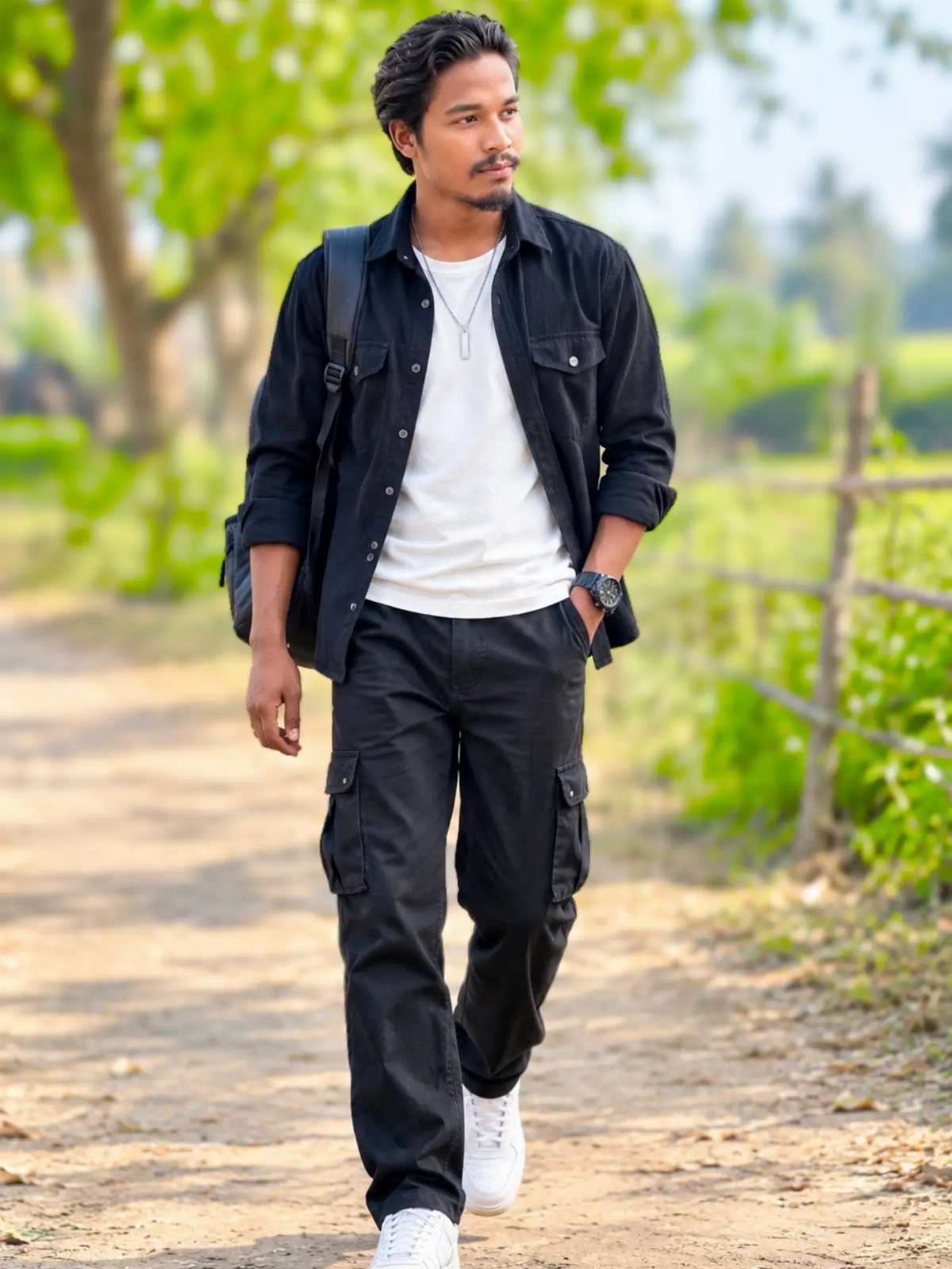 Man walking outdoors wearing a black full-sleeve shirt, white t-shirt, and black cargo pants.