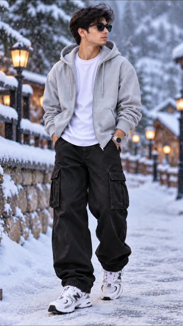 A man posing in black cargo pants, a grey hoodie, and white sneakers in the snow.