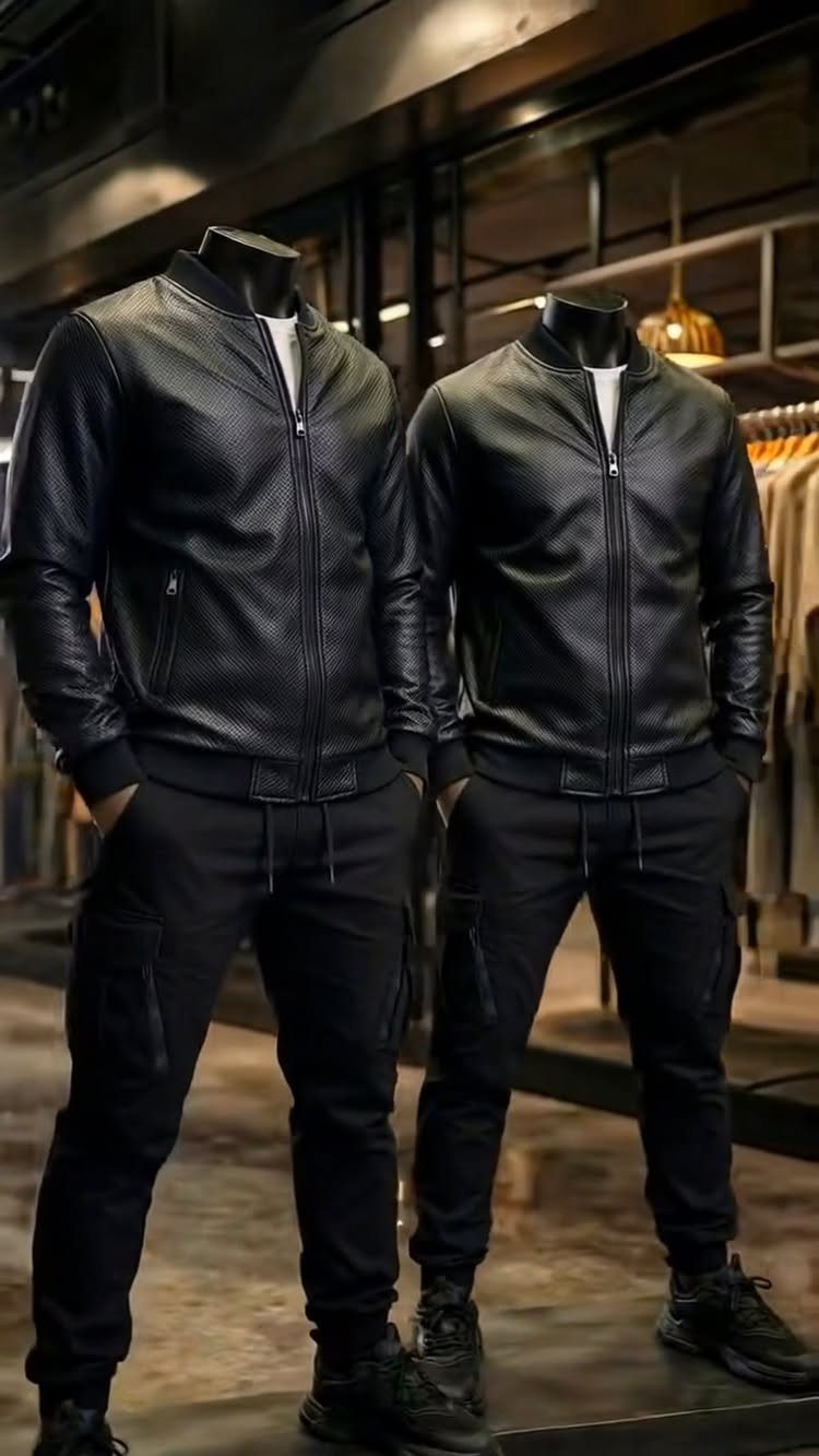 Two mannequins wearing black leather jackets and black cargo pants in a retail store.