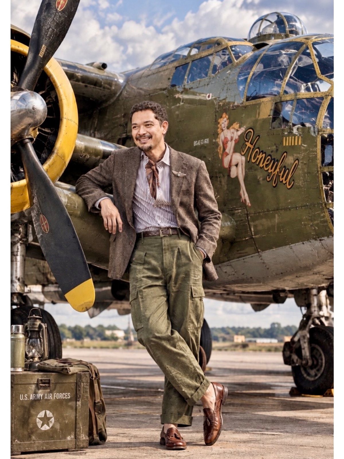 Man in olive cargo pants and a brown blazer leaning against a vintage military airplane.
