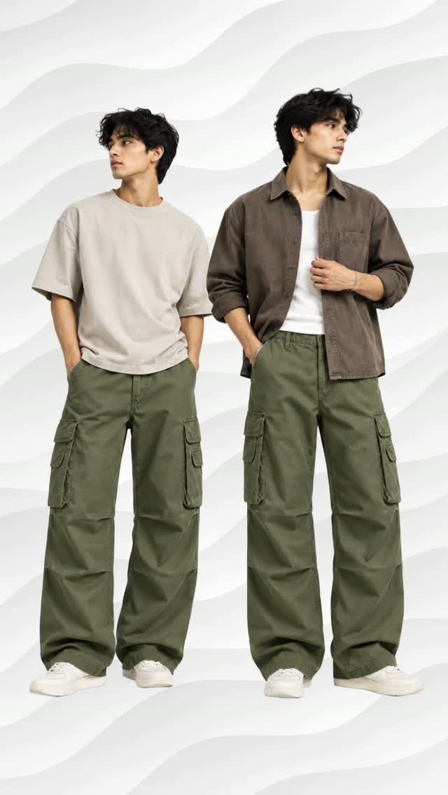 Two men posing in olive green relaxed fit cargo pants with large side pockets against a wavy background.