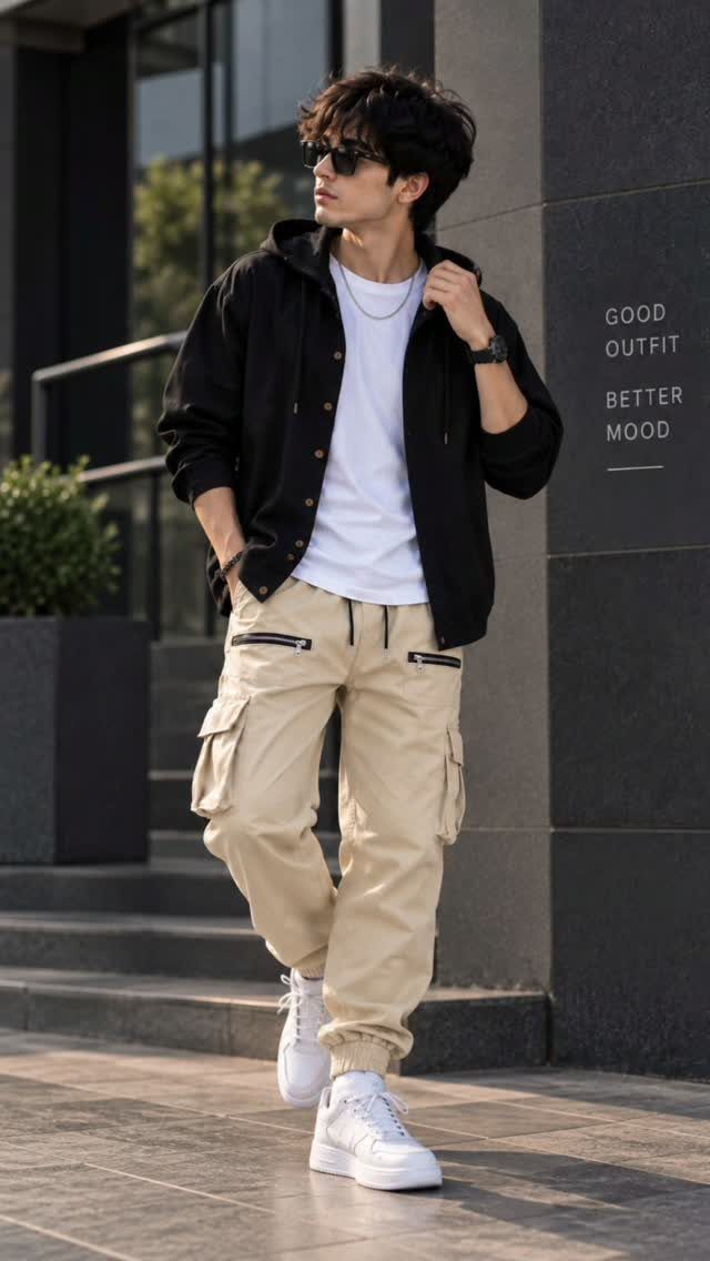 A man in a black jacket and tan cargo pants walking outdoors in white sneakers.