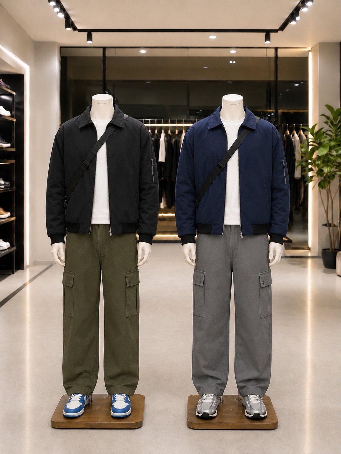 Two mannequins wearing bomber jackets, white t-shirts, and various colored cargo pants in a clothing store.