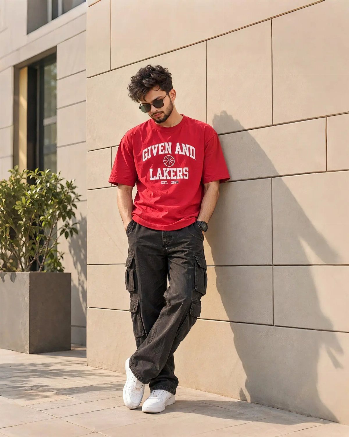 Man in a red graphic t-shirt, black cargo pants, and white sneakers leaning against a wall.