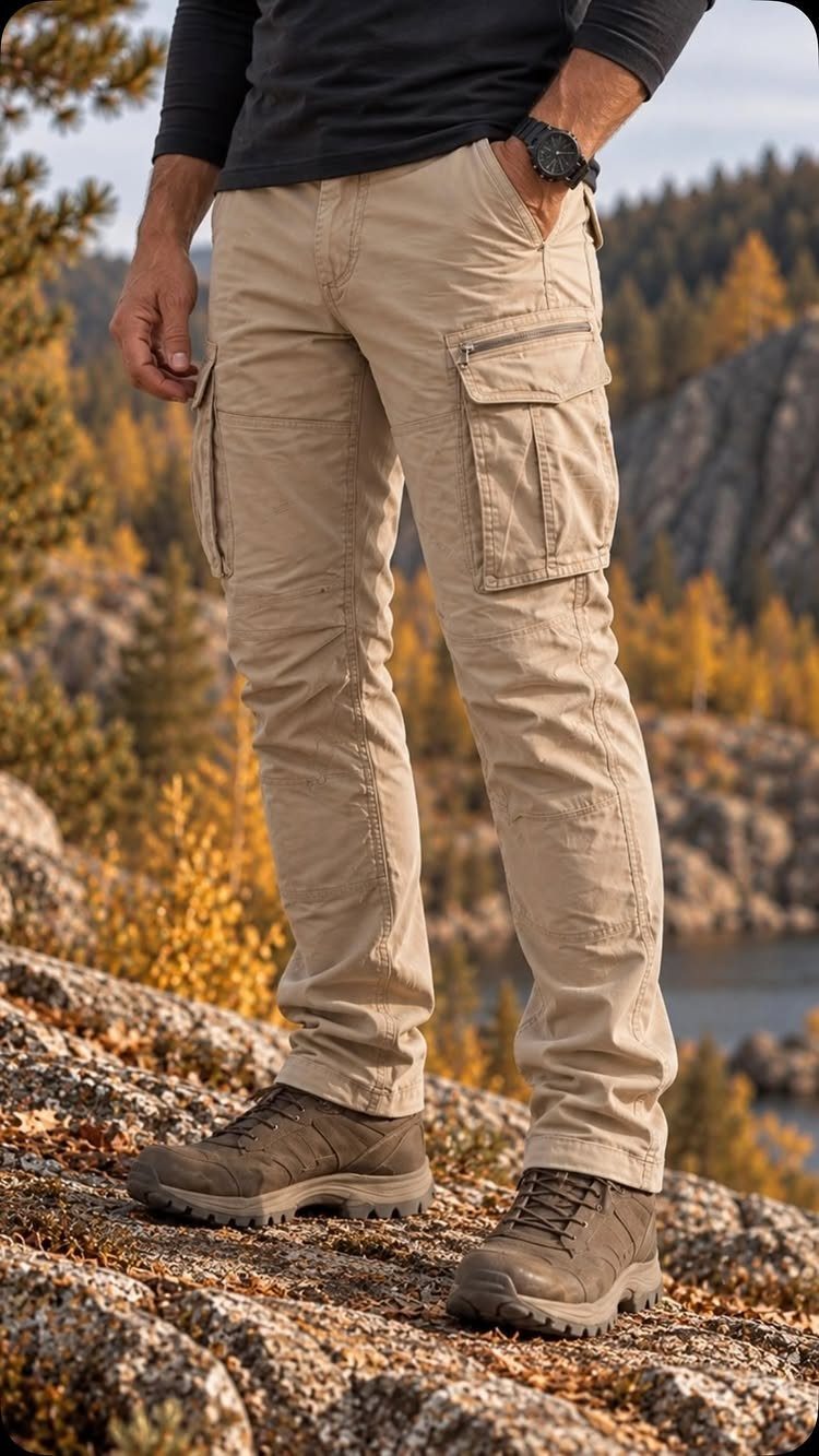 Man wearing tan cargo pants and rugged brown hiking boots standing on rocks.