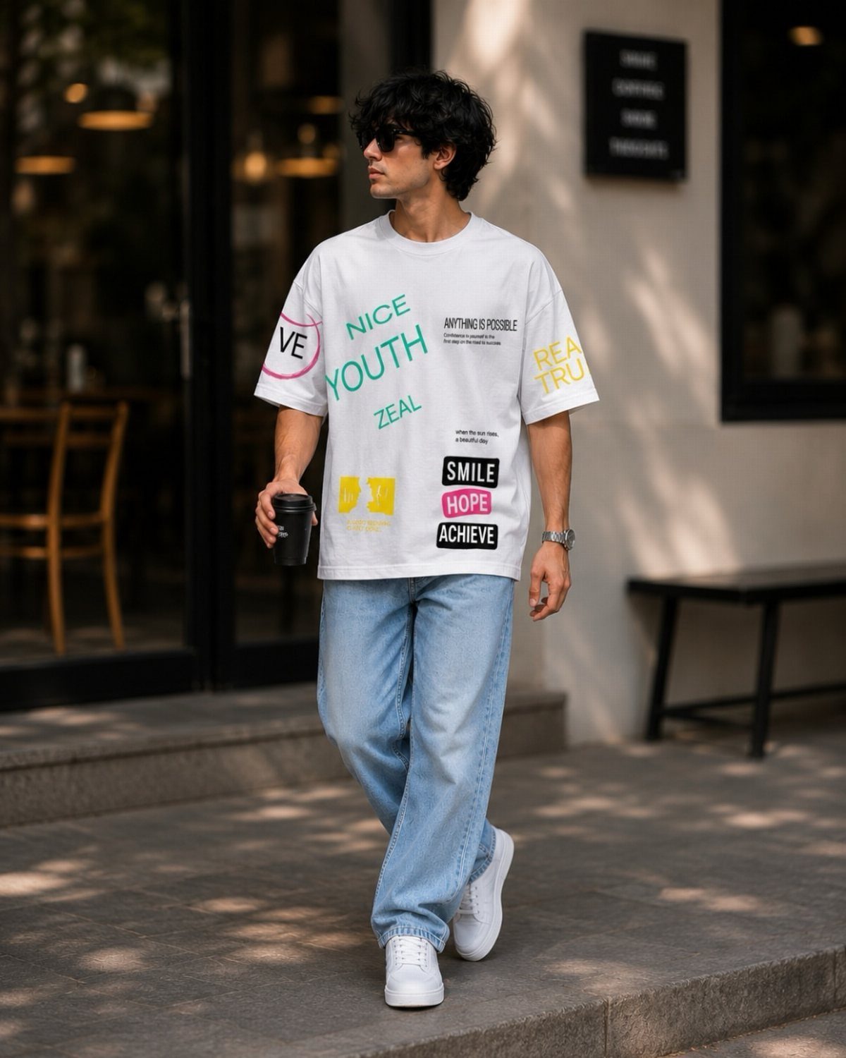 Man in an oversized white graphic t-shirt and light blue jeans walking outside.