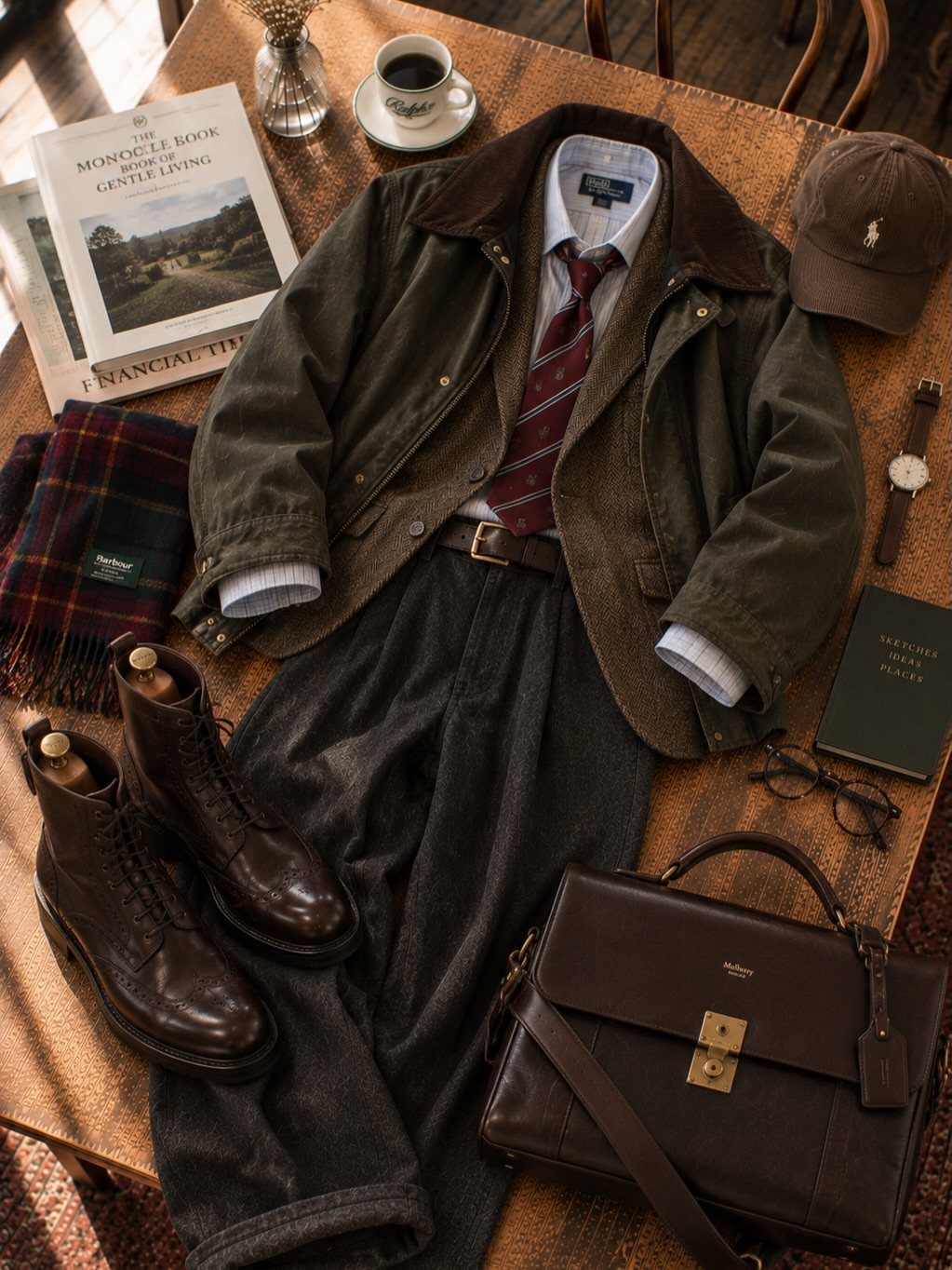 Dark brown leather lace-up boots and vintage men's clothing laid out on a wooden table.
