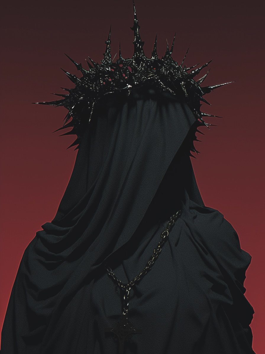 A hooded figure in black drapery wearing a spiked crown against a red background.