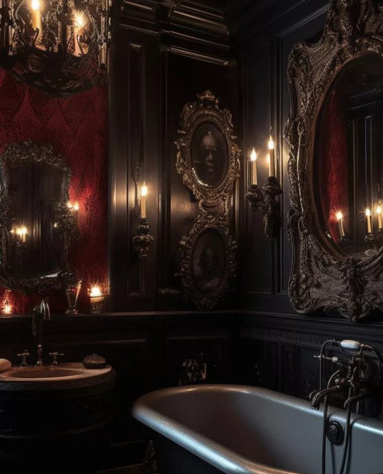 Ornate black bathroom with red damask wallpaper, gold mirrors, and a white clawfoot bathtub.