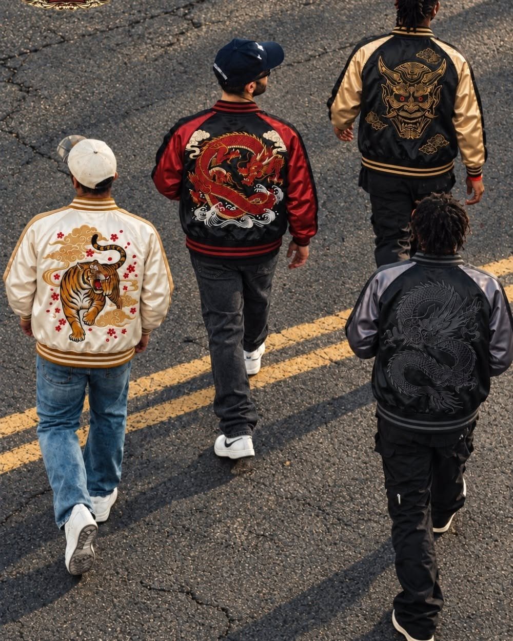 Four people walking down a road wearing graphic bomber jackets and streetwear.