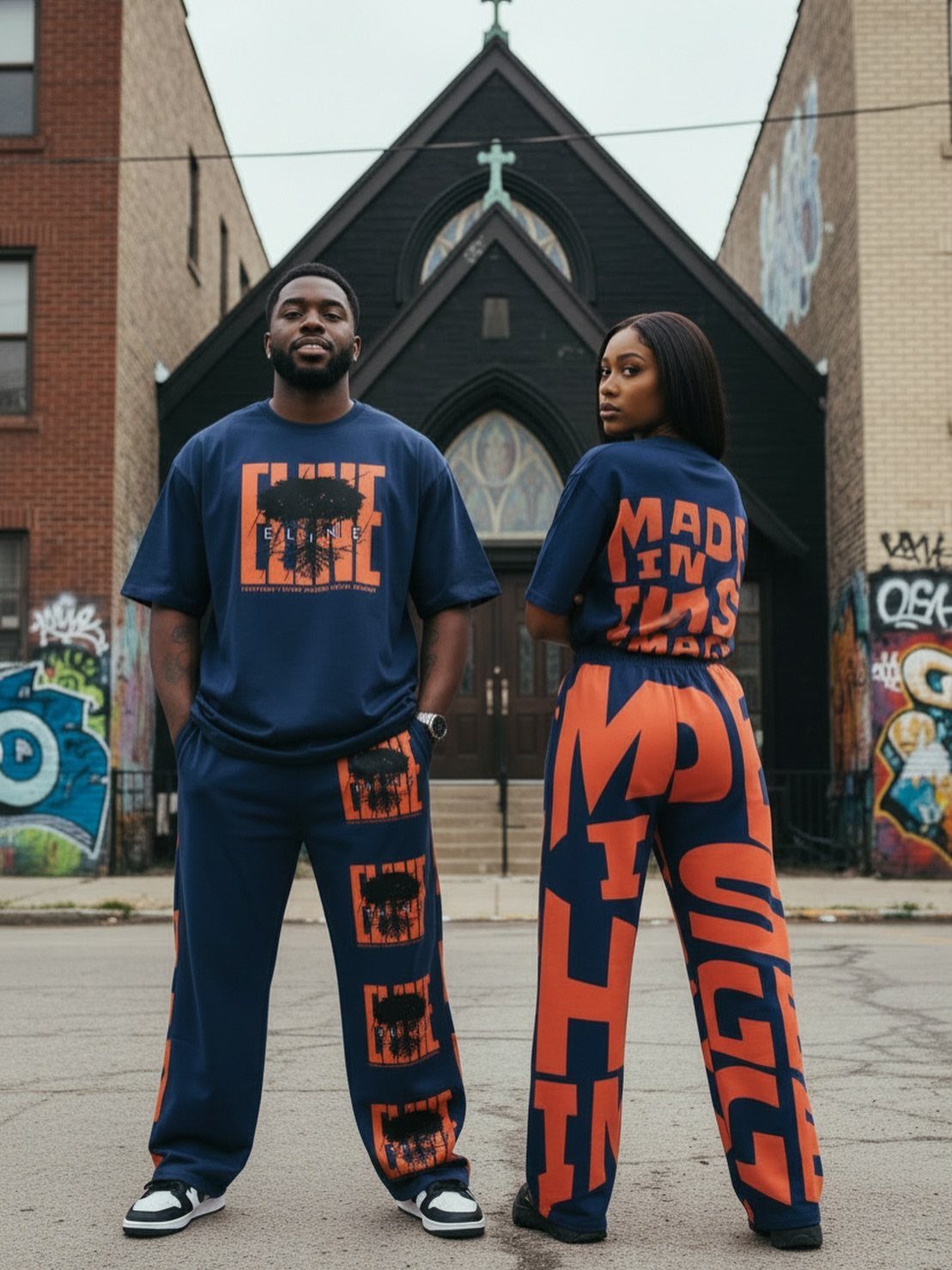 Two people posing in matching navy and orange oversized streetwear with large graphic text prints.