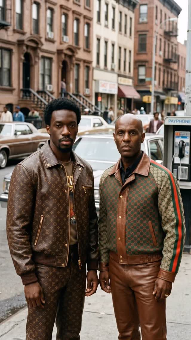 Two men posing in a city street wearing luxury monogrammed leather streetwear outfits.