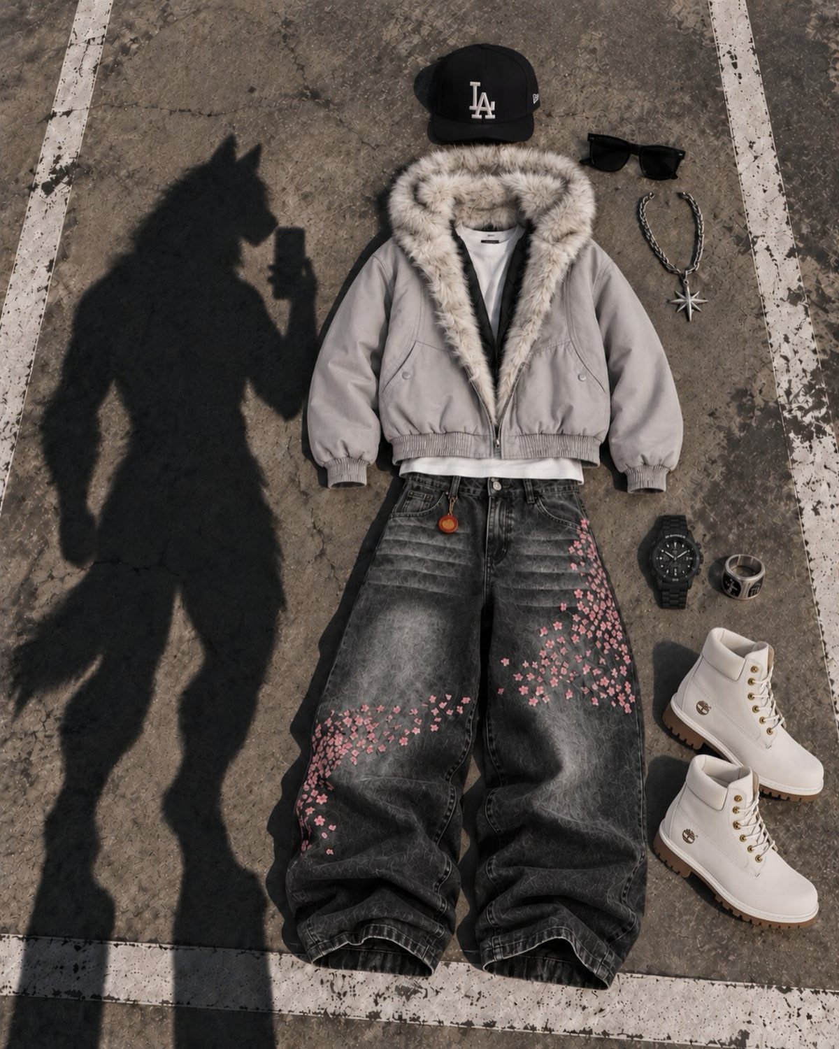 Streetwear clothing items including a puffer jacket, embroidered jeans, and boots laid out on asphalt.