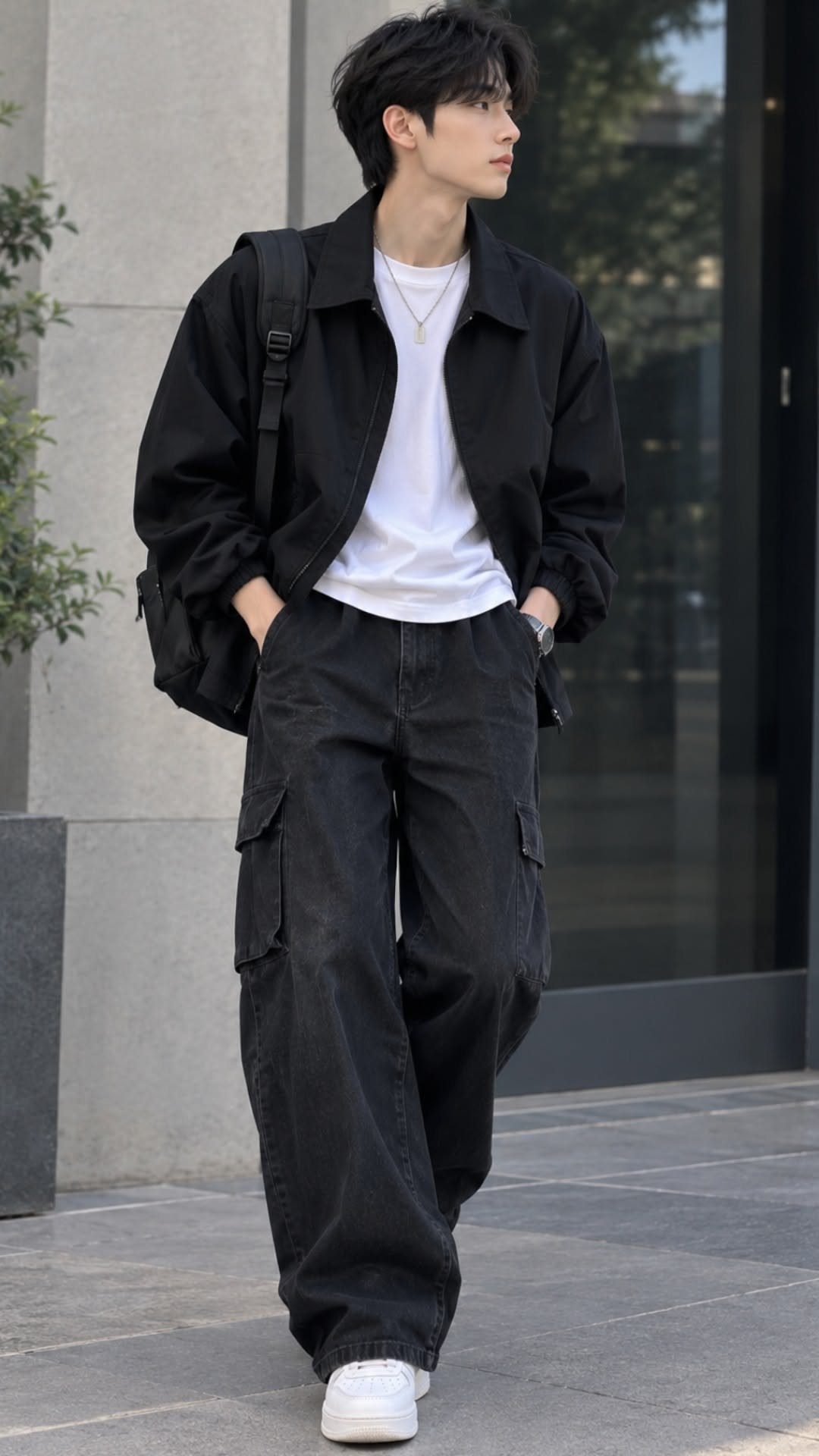 A man walking in black cargo pants, a black jacket, and a white t-shirt.