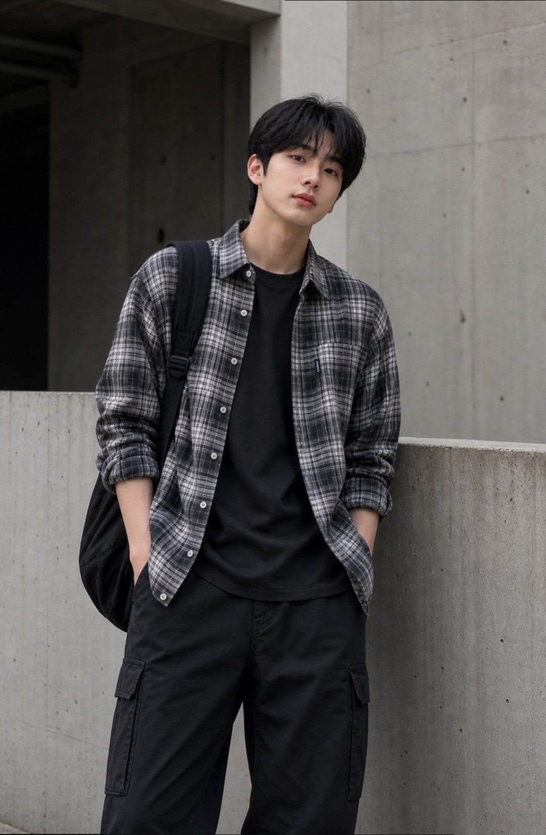 Young man wearing a plaid flannel shirt over a black t-shirt and cargo pants.
