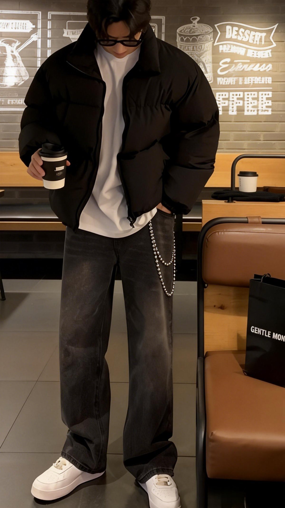 Man in black puffer jacket, white t-shirt, dark wide-leg jeans, and white sneakers standing in a cafe.