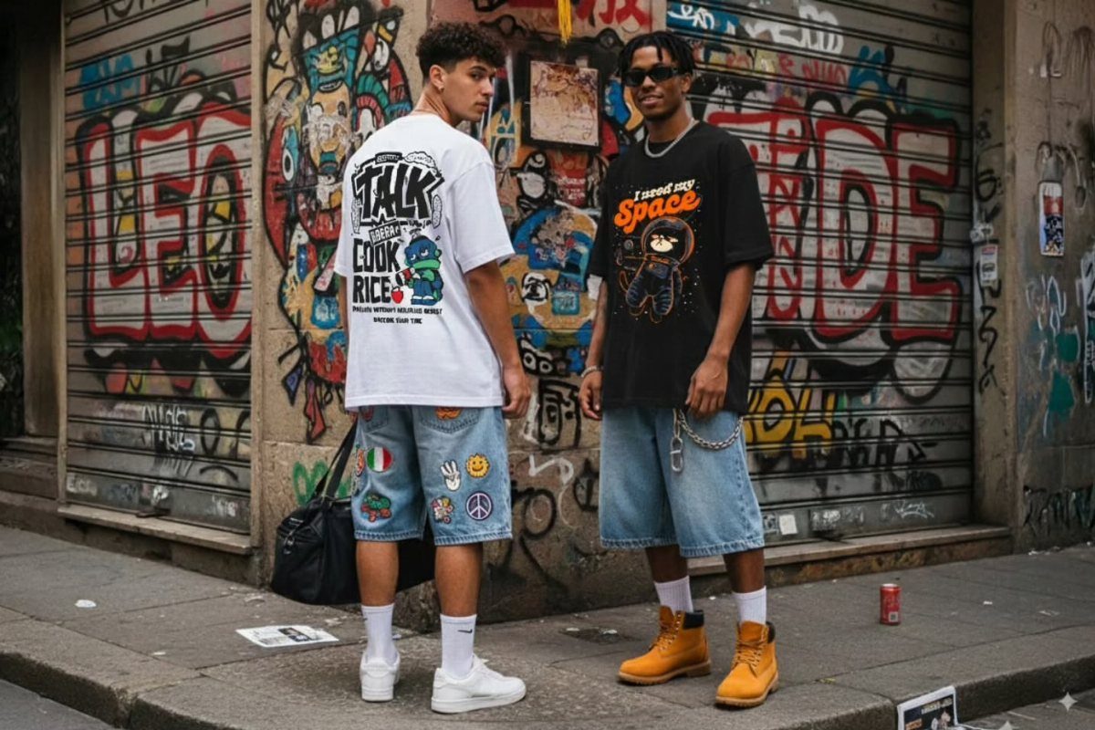 Two men posing in streetwear featuring large graphic t-shirts and denim shorts against graffiti walls.