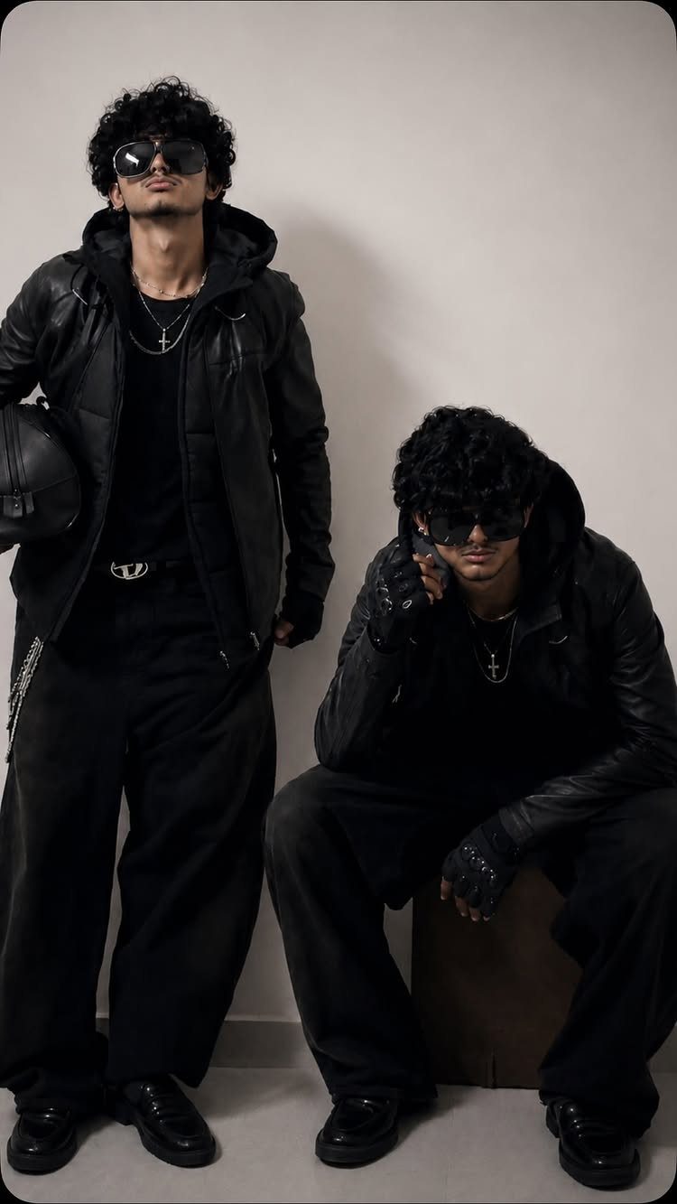 Two men in black leather jackets and sunglasses posing against a grey wall.