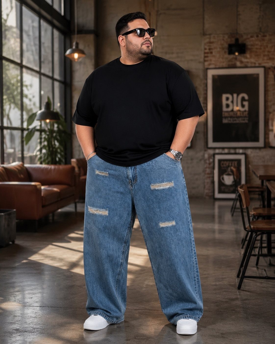 A man wearing black t-shirt and wide-leg blue distressed denim jeans standing in a loft.