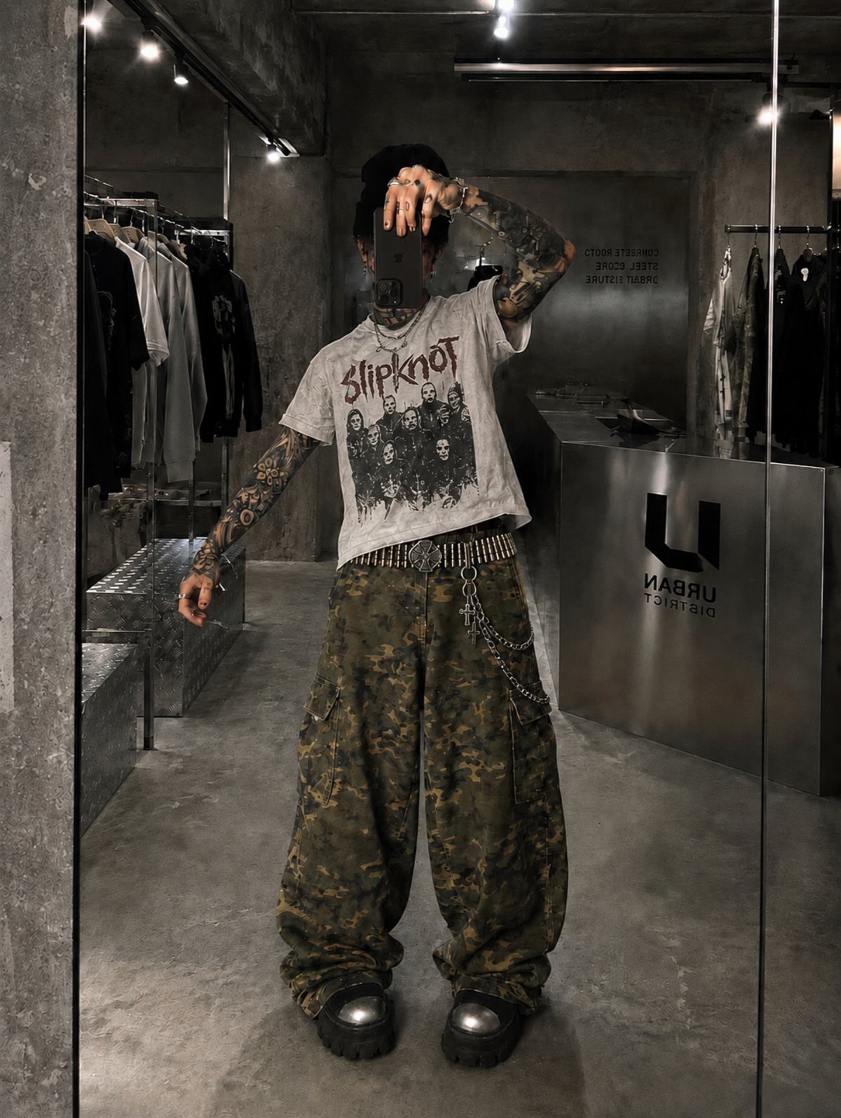 Tattooed person wearing a Slipknot shirt, camo cargo pants, and platform boots in an industrial setting.