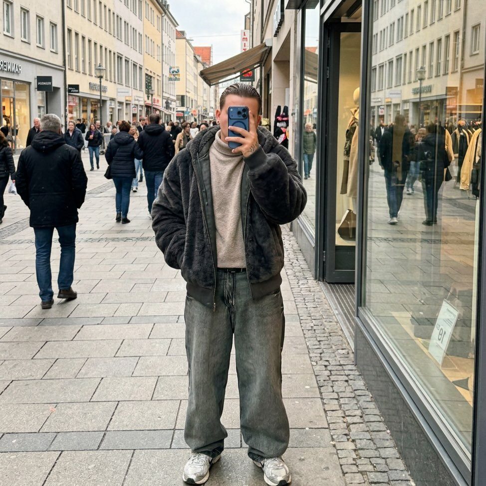 A person wearing baggy grey jeans, a beige turtleneck, and a dark faux fur jacket.