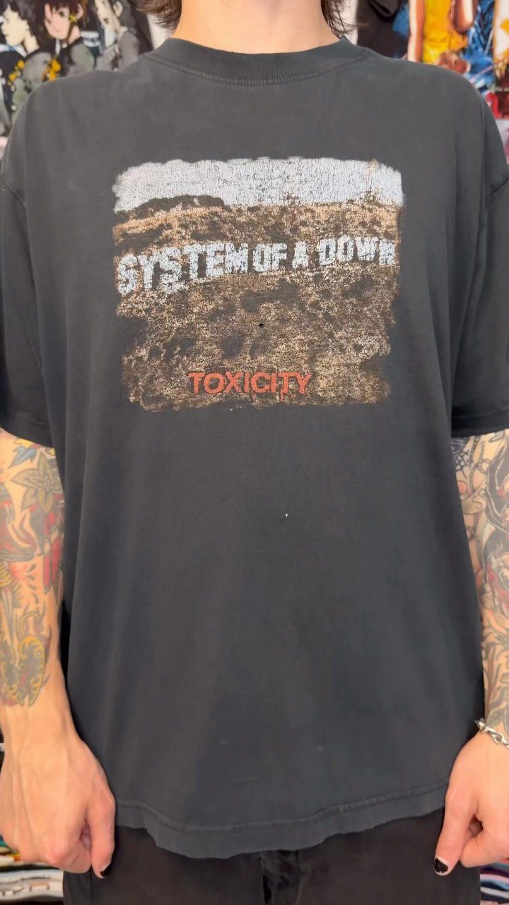 Person wearing a black System of a Down band t-shirt with tattooed arms.