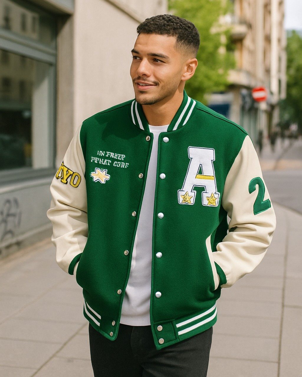 A young man smiling while wearing a green and cream varsity jacket on a city street.