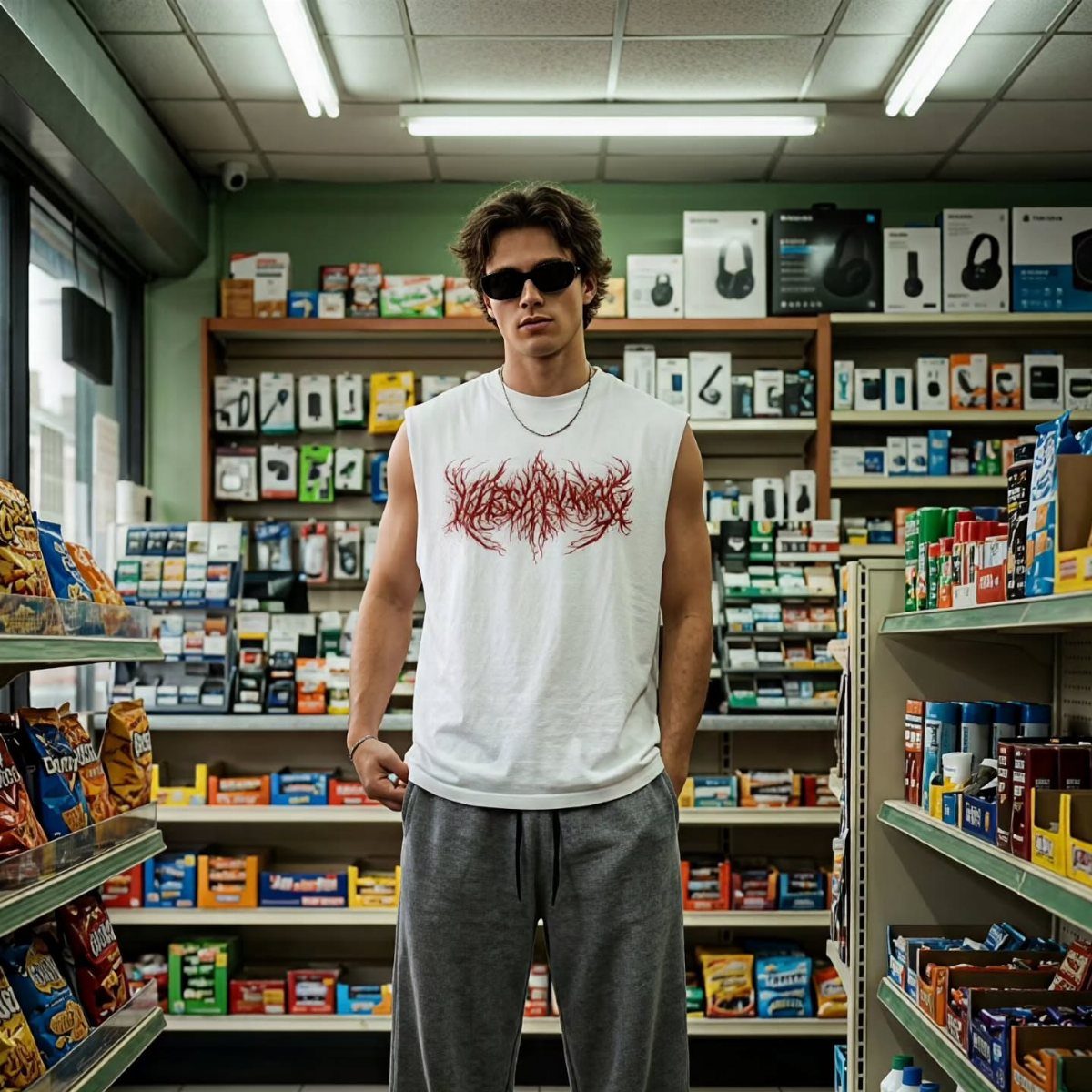 A young man in a white graphic tank top and sunglasses standing in a convenience store.
