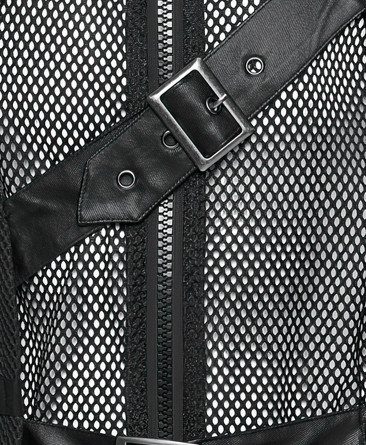 A black mesh gothic vest with multiple leather straps and silver buckles.