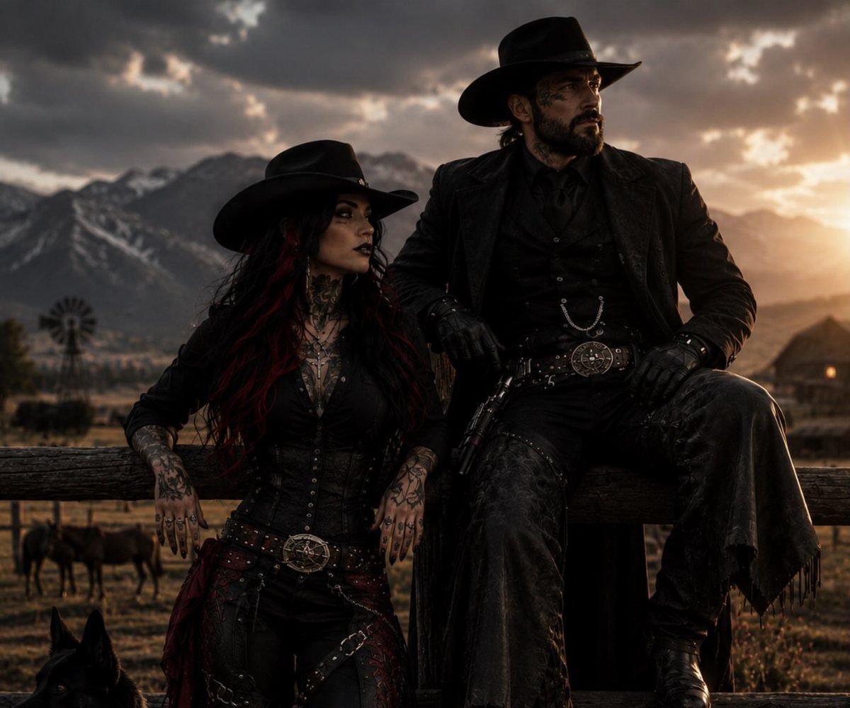 A man and woman in black cowboy attire sitting on a wooden fence at sunset.
