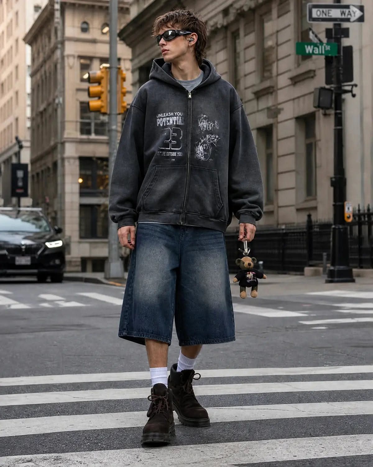 A man in an oversized dark grey graphic hoodie and denim shorts walking across a city street.